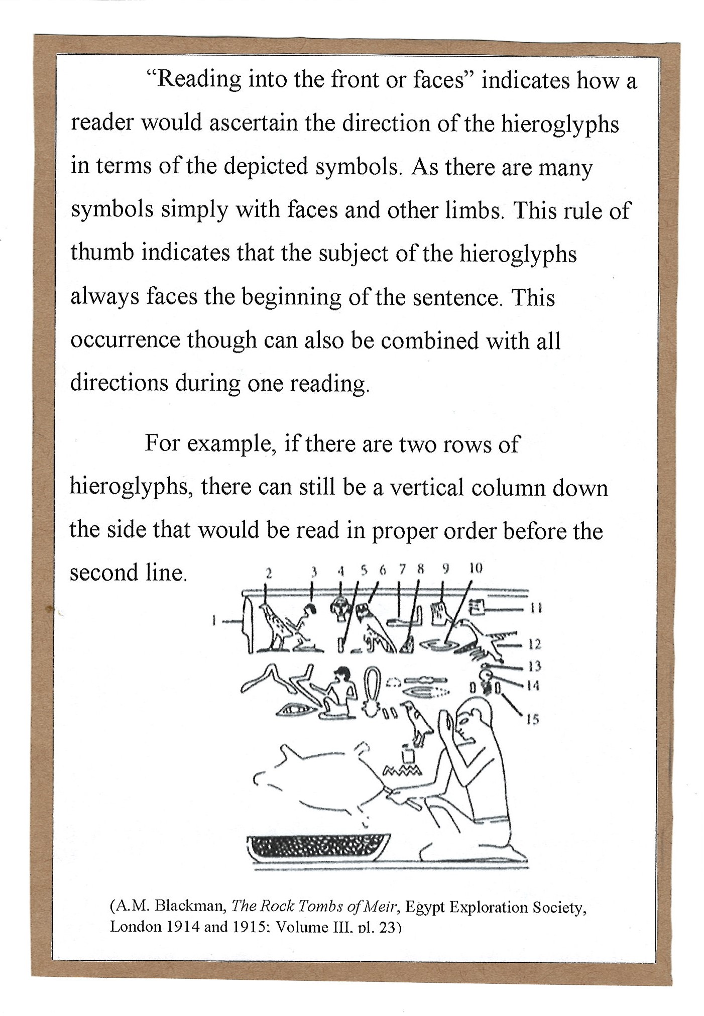 Page 9. Applying this new lesson of directional reading on an ancient hieroglyph now displayed in the British Museum.
