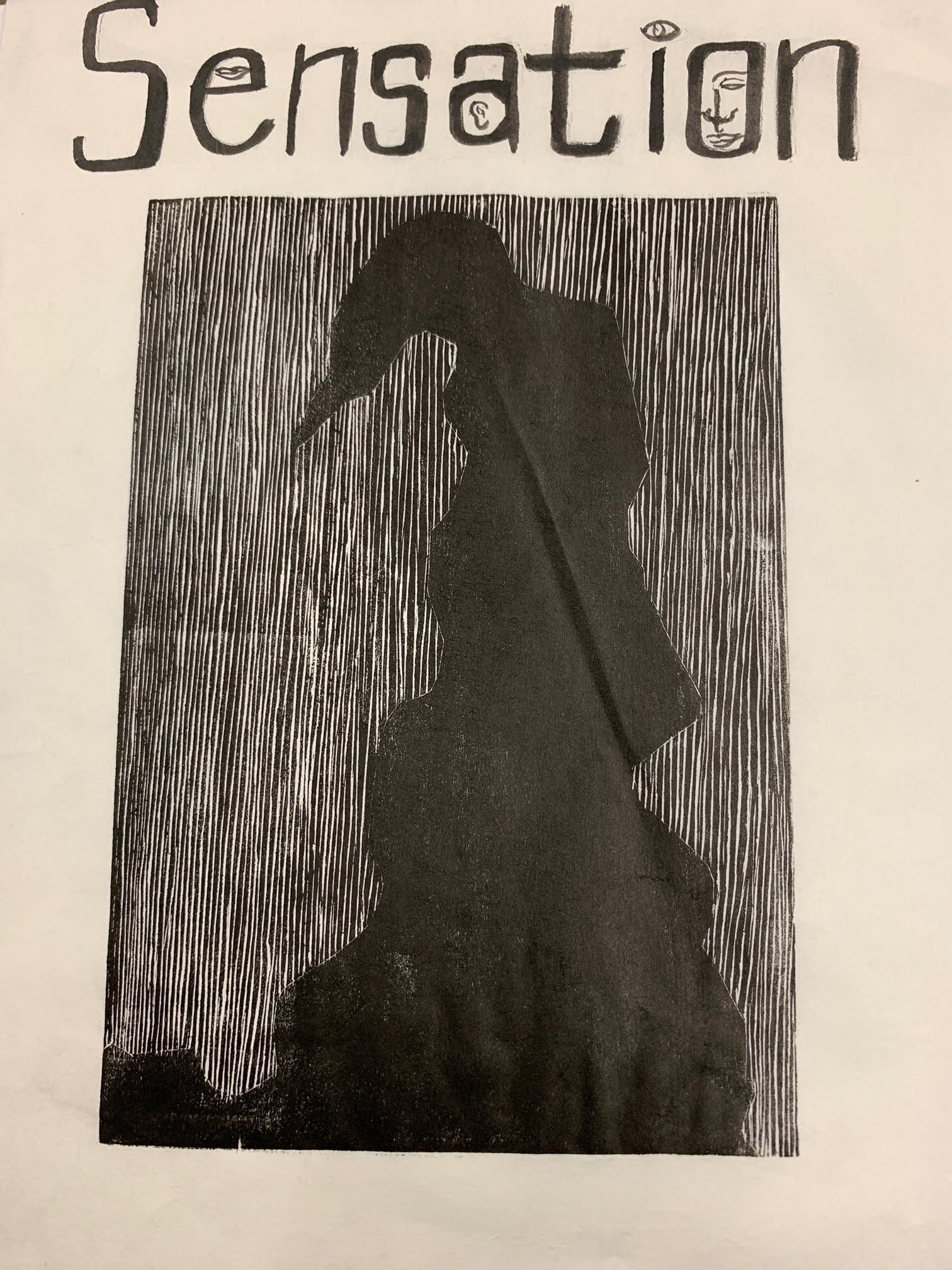 Page 1. Caption: Cover page of the chapbook is a black ink woodcut relief print on Japanese silk paper, titled ‘Sensation.’ It is binded by string using the poke and stitch method on Bristol paper.
