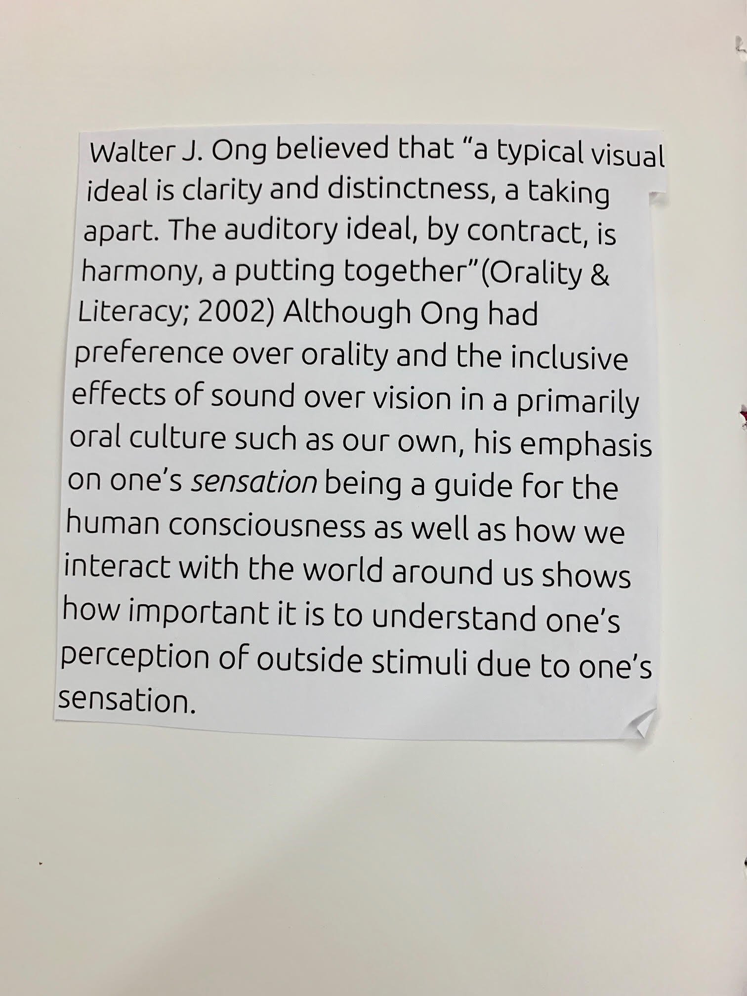Page 12. Caption: This page touches upon Ong’s discussion of one’s sensation and which he personally deemed the most critical; orality. Ong believed that “a typical visual ideal is clarity and distinctness, a taking apart.”(2002) Although Ong supported the inclusivity of oral culture, the prints in this chapbook are meant to remain ambiguous so as not to induce the ideal of clarity and distinctiveness. To leave it entirely up to the viewer means that there is room for one’s personal outside stimuli and experiences to provide the meaning.