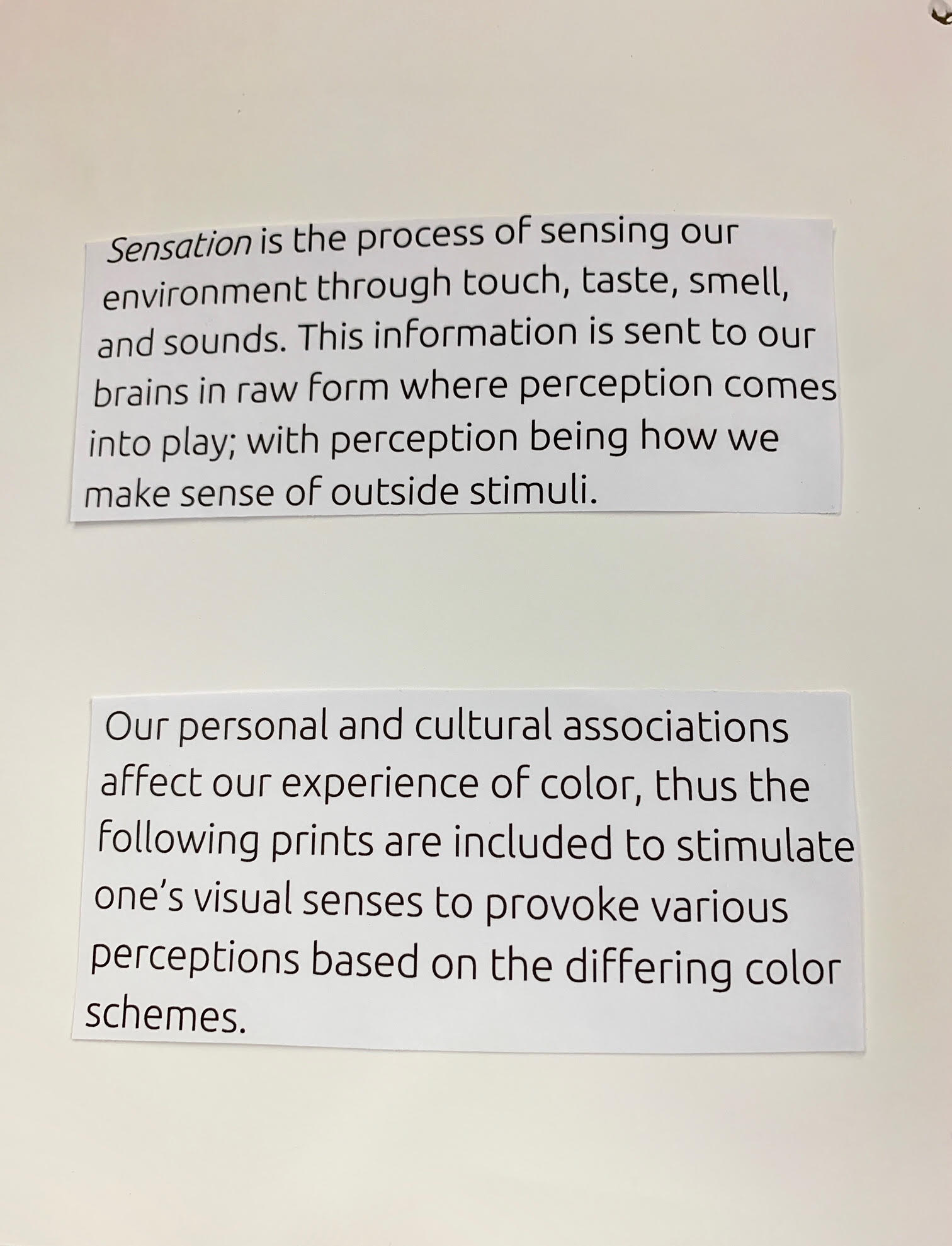 Page 2. Caption: Description of factors that influence our sensation such as our experiences in life, cultural backgrounds, and how we interact with outside stimuli with our senses. These all affect our perception. The purpose of this chapbook is to provoke various reactions from the viewer through differing color schemes throughout the same print subject.