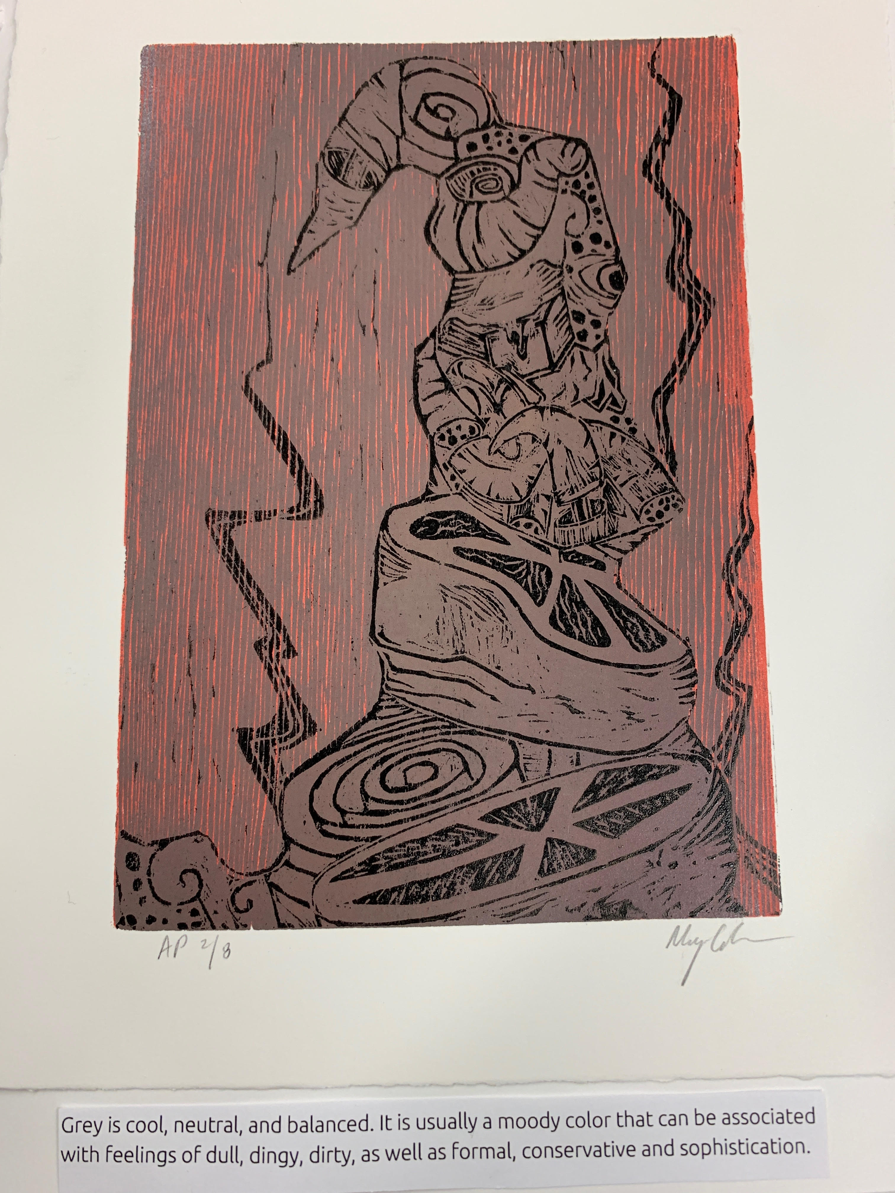 Page 9. Caption: The abstract print is predominantly grey, with a red background. Grey is cool, neutral, and balanced. It is usually a moody color that can be associated with feelings of dullness, dinginess, dirtiness, as well as formality, being conservative and/ or sophistication.