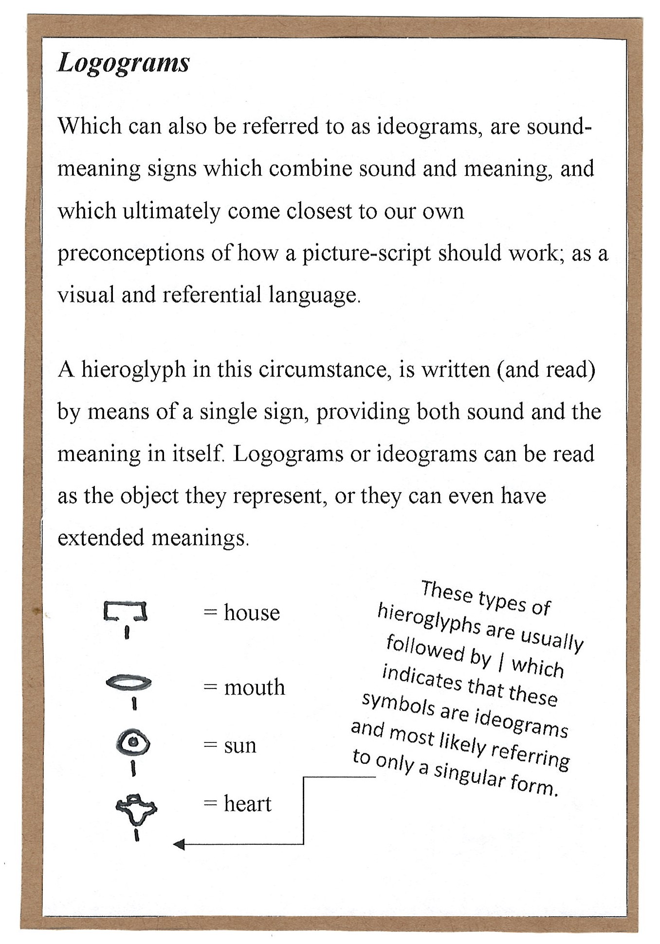Page 2. Logograms, or ideograms and the ways in which pictures in the language can symbolize what they are a picture of.