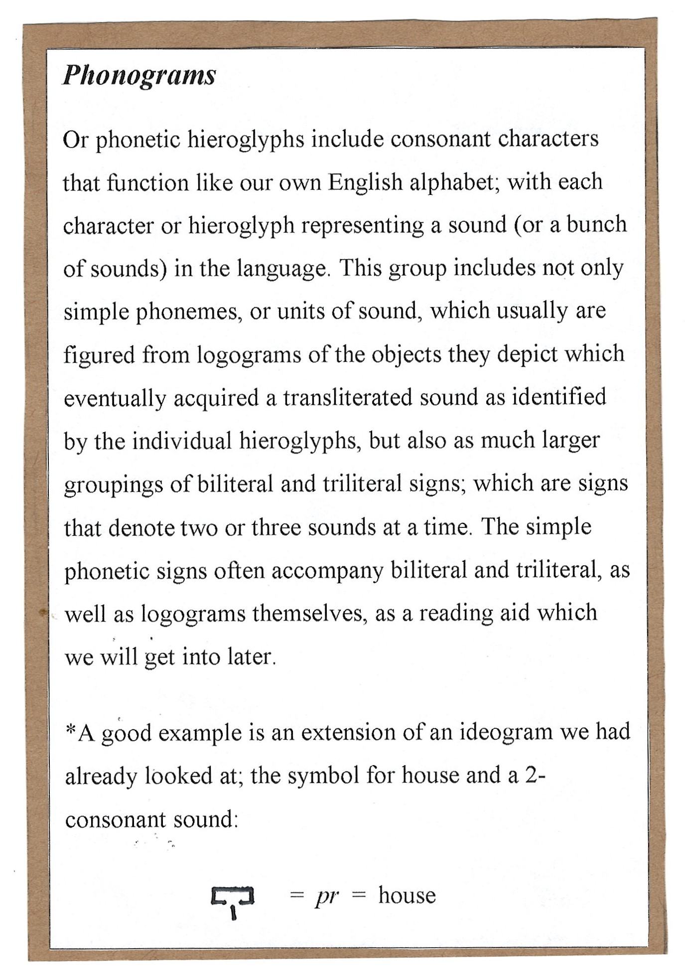Page3. Phonograms, or the way Egyptian Hieroglyphics incorporate a phonetic sound structure to add more to their supremely visual alphabet.