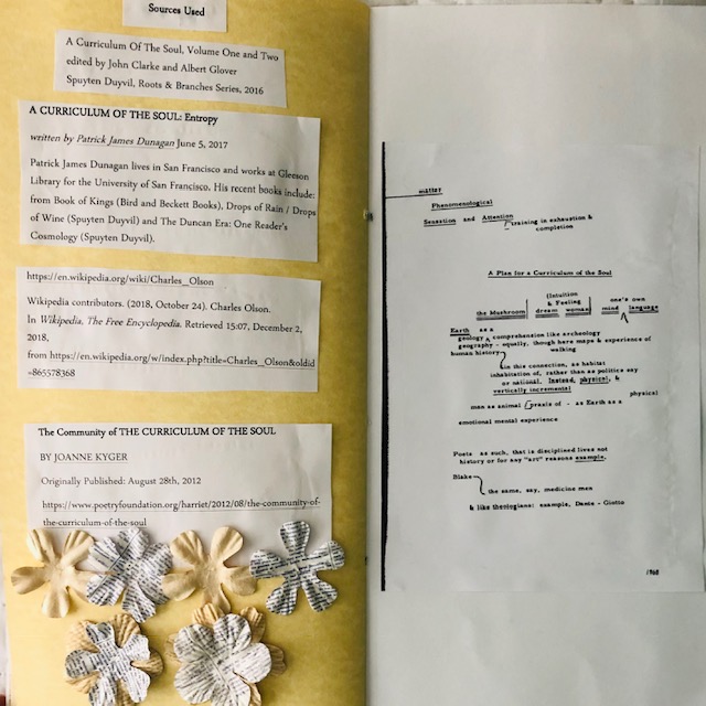 Pages 13-14: On page thirteen are lists of sources used to attain information about Olson to make the book as well as more flowers. On page fourteen is the right part of Olson’s map of “The Curriculum of the Soul” that was the other half of the one placed on the first page.