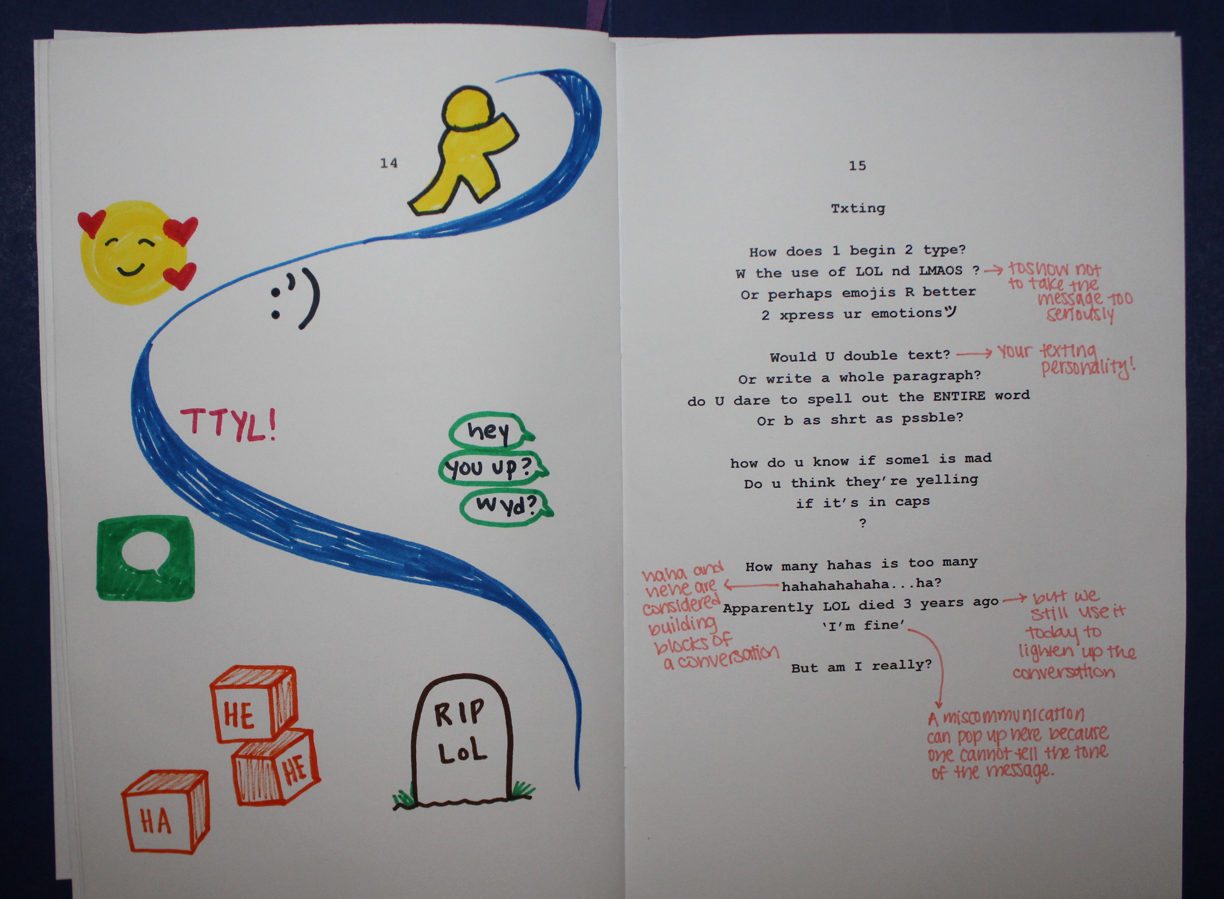 Page9: Original poem about text messaging behaviors accompanied by an illustration