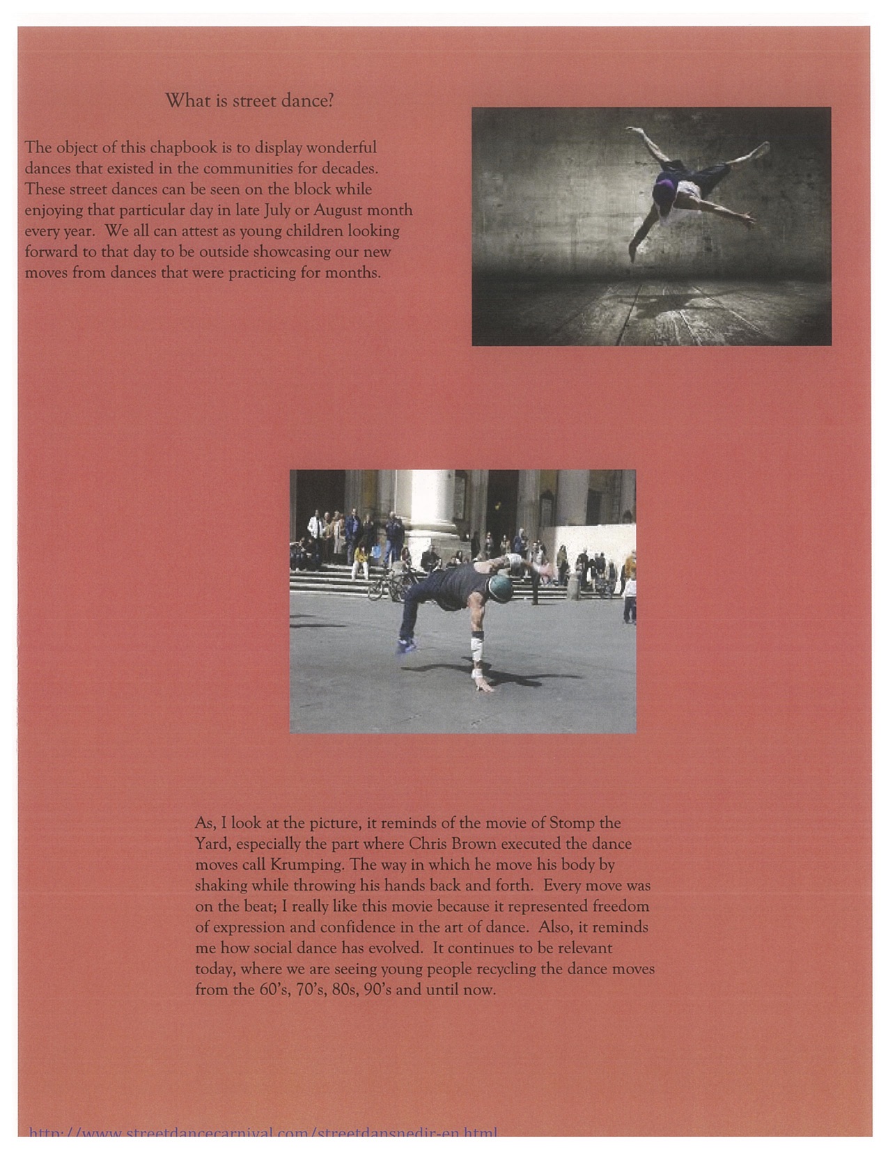Page 1. displays some History of Street Dance.