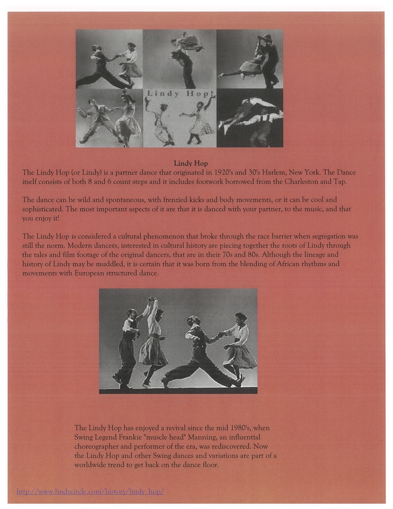 Page 6. The Lindy Hop with two images of people dancing.